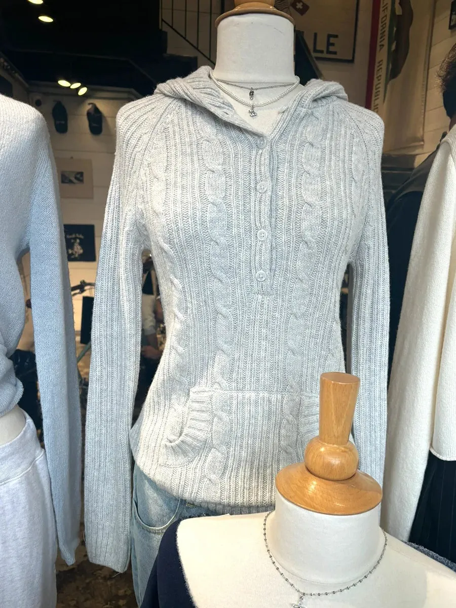 JazzHer Sweet Gray Twist Flower Buttons Slim Sweater Women Autumn Pocket Hooded Long Sleeve Knitted Hoodie Vintage Preppy Style Sweaters