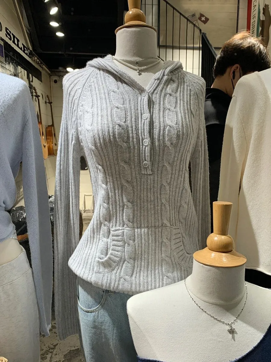 JazzHer Sweet Gray Twist Flower Buttons Slim Sweater Women Autumn Pocket Hooded Long Sleeve Knitted Hoodie Vintage Preppy Style Sweaters