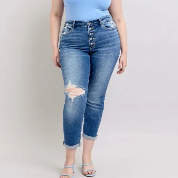 Judy Blue Full Size Button Fly Distressed Jeans with Pockets Plus Size