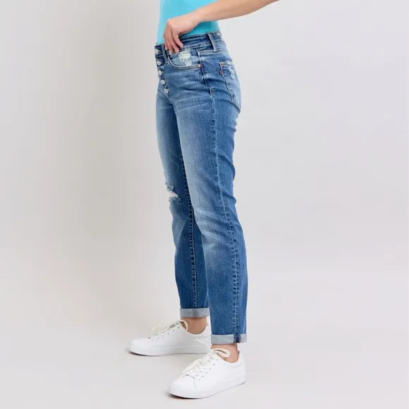 Judy Blue Full Size Button Fly Distressed Jeans with Pockets Plus Size