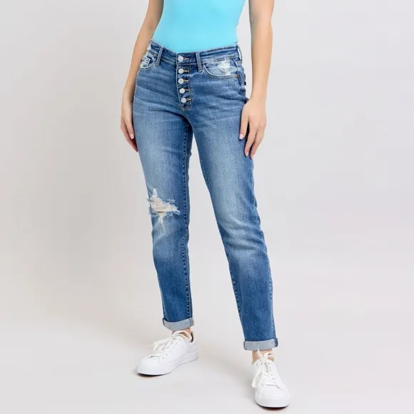 Judy Blue Full Size Button Fly Distressed Jeans with Pockets Plus Size