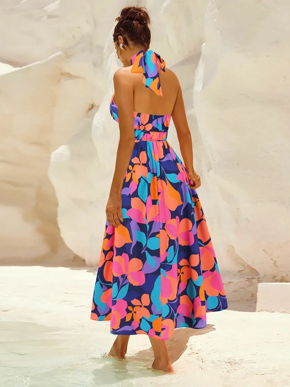 Kallie Ruched Printed Halter Neck Sleeveless Dress