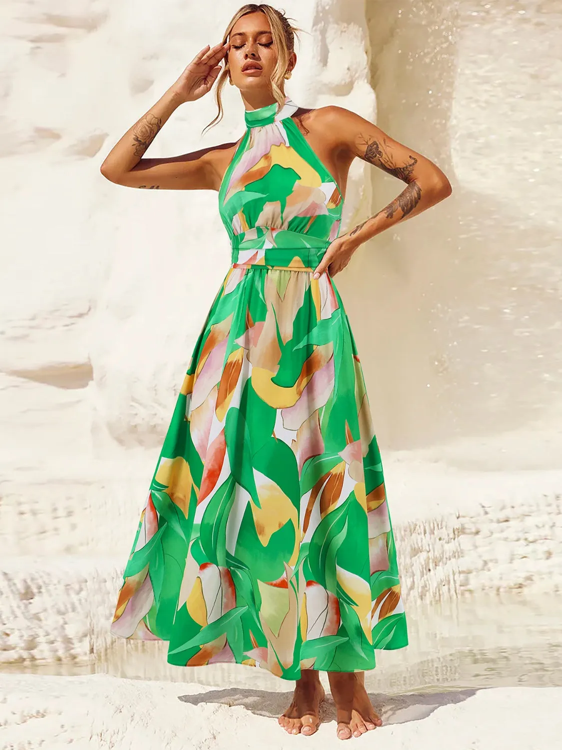 Kallie Ruched Printed Halter Neck Sleeveless Dress
