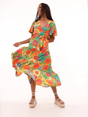 Ladies Bold Floral Wrap Tiered Midi Dress