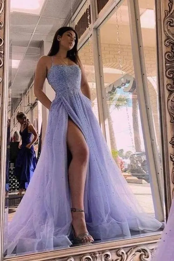 Lavender Tulle Beaded A-line Scoop Spaghetti Straps Long Prom Dresses, SP979