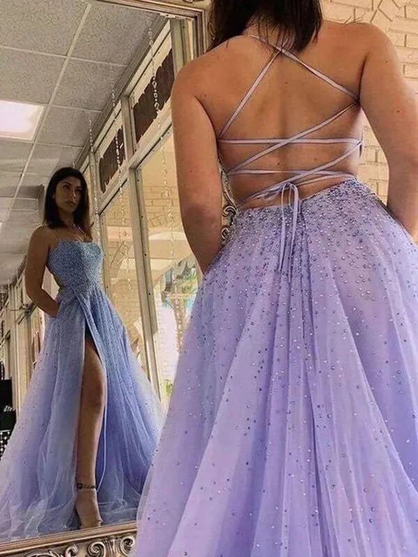 Lavender Tulle Beaded A-line Scoop Spaghetti Straps Long Prom Dresses, SP979