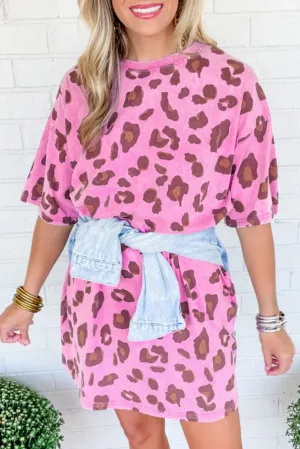 Leopard Print Mini Dress with Side Pockets and Vintage Wash