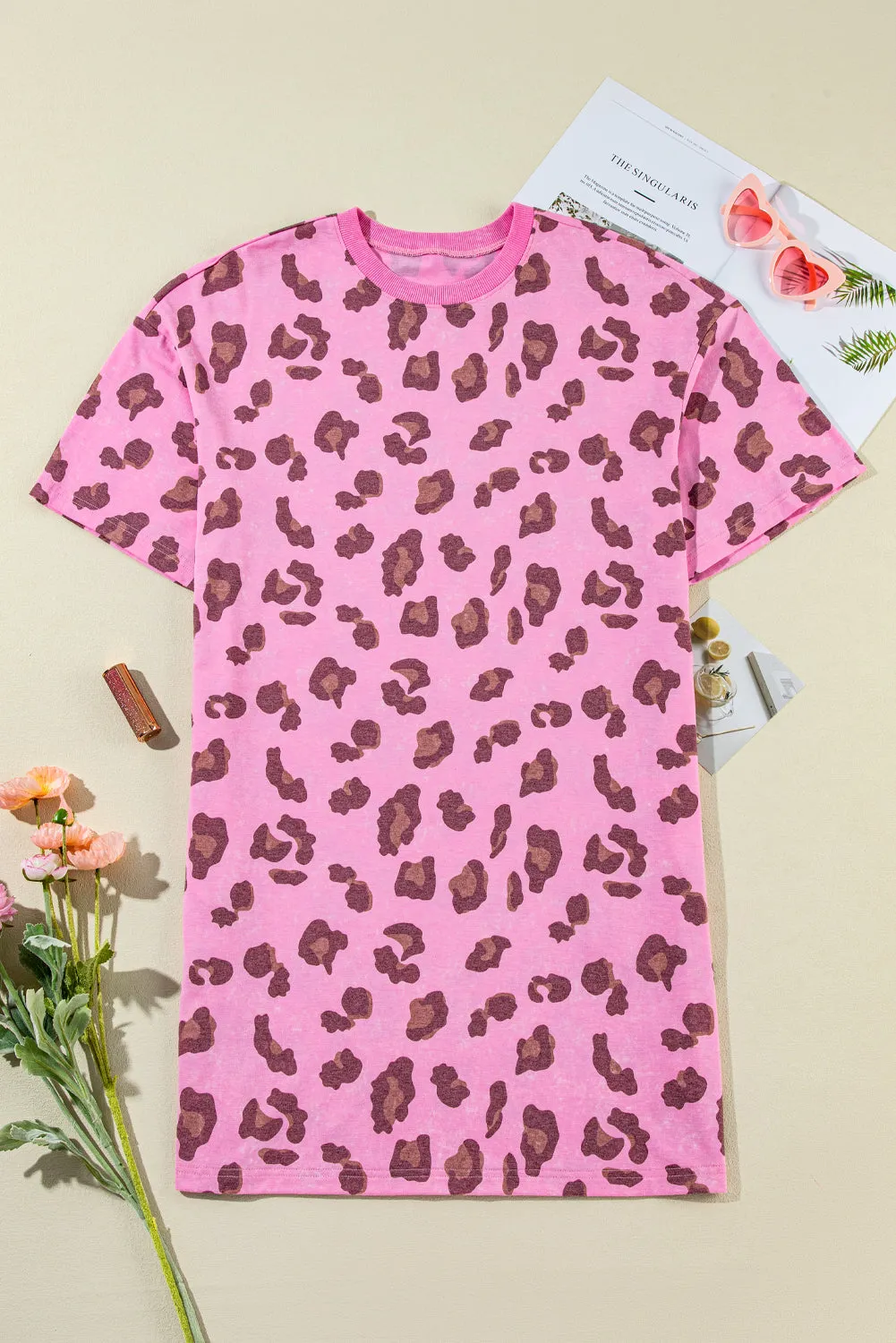 Leopard Print Mini Dress with Side Pockets and Vintage Wash