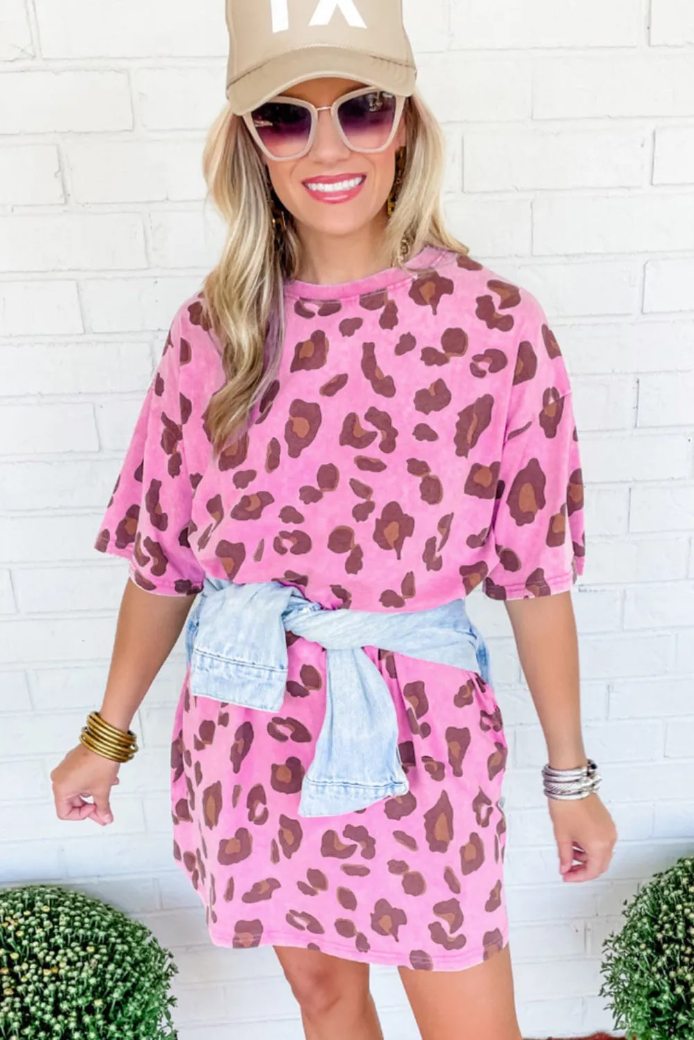 Leopard Print Mini Dress with Side Pockets and Vintage Wash