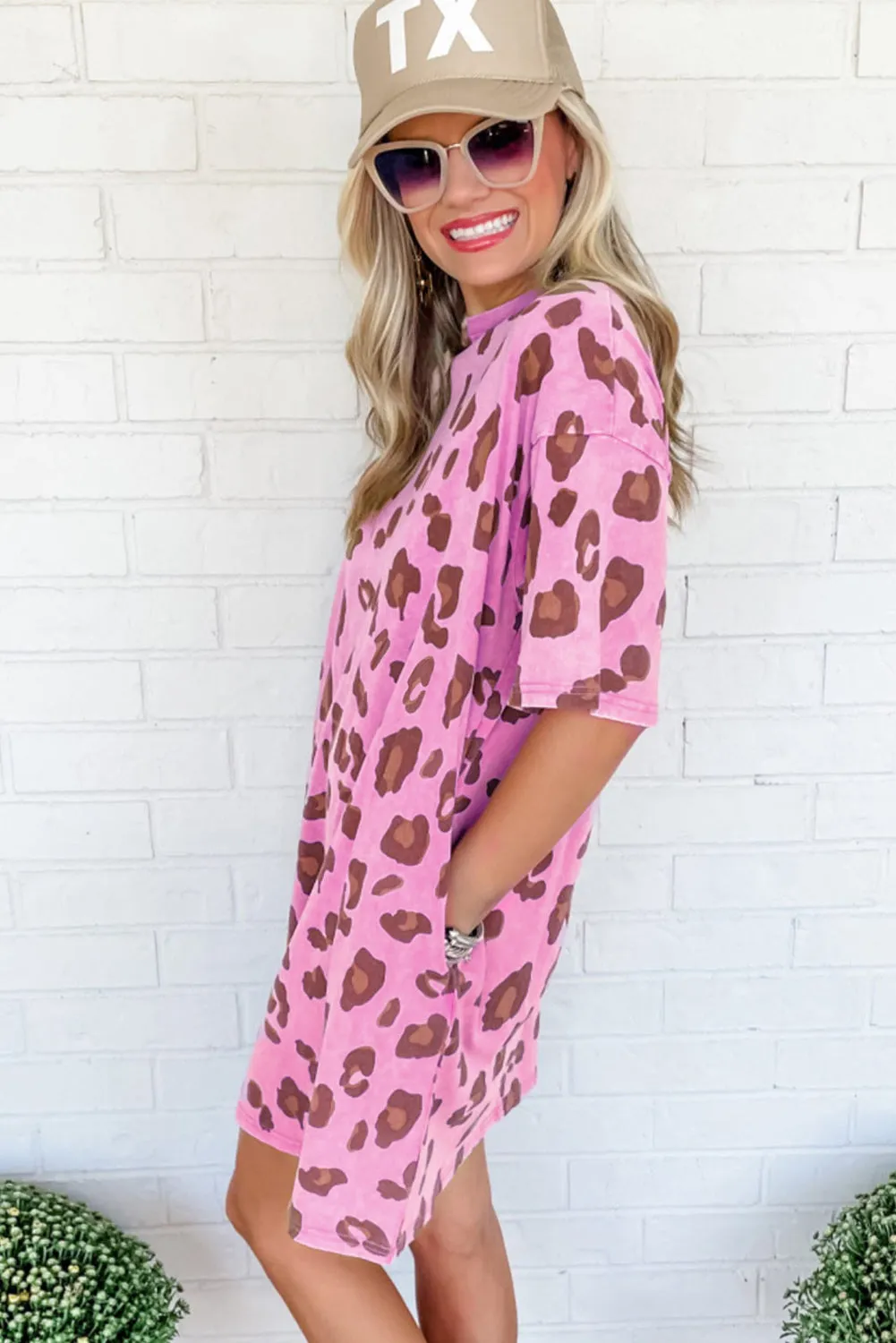 Leopard Print Mini Dress with Side Pockets and Vintage Wash