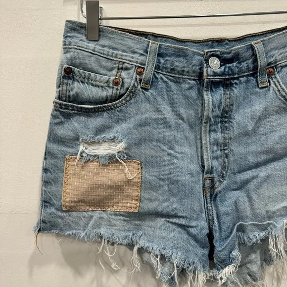 Levi’s 501 Patchwork Light Wash Distressed High Waist Denim Shirts Size 29