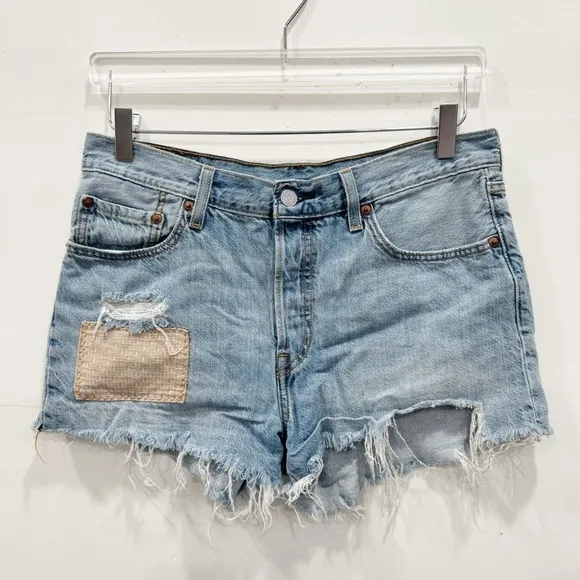 Levi’s 501 Patchwork Light Wash Distressed High Waist Denim Shirts Size 29