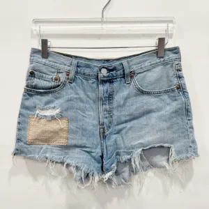 Levi’s 501 Patchwork Light Wash Distressed High Waist Denim Shirts Size 29