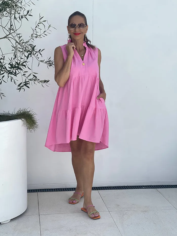 Libby Midi Tiered Relaxed Linen Dress - Pink