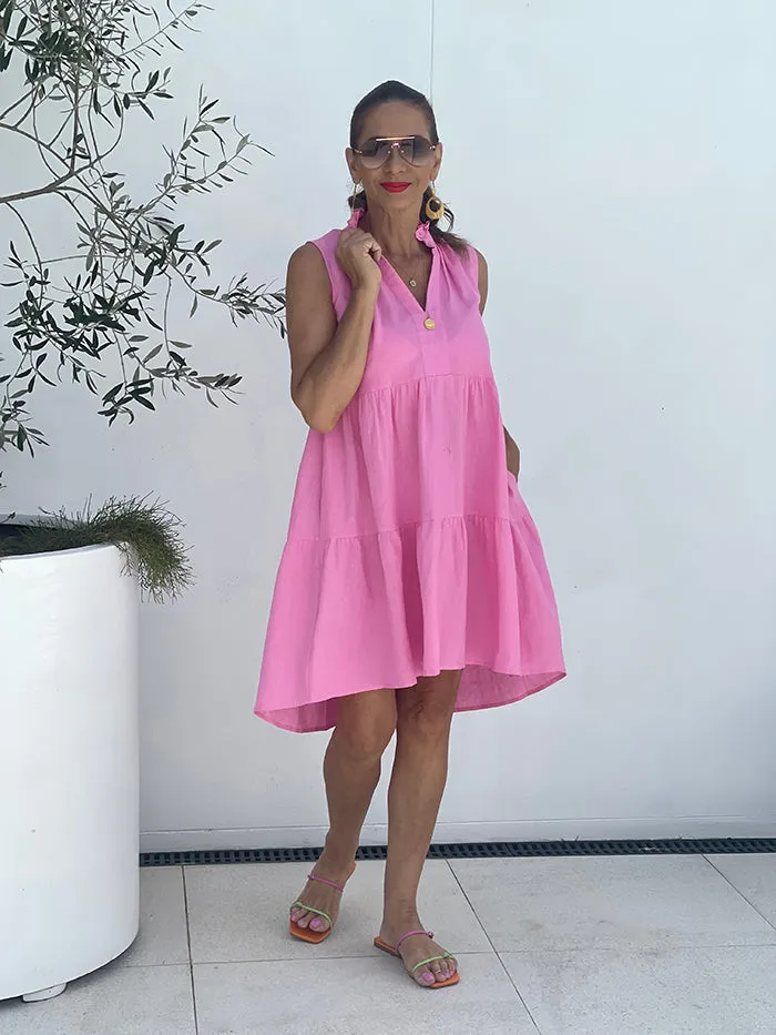 Libby Midi Tiered Relaxed Linen Dress - Pink