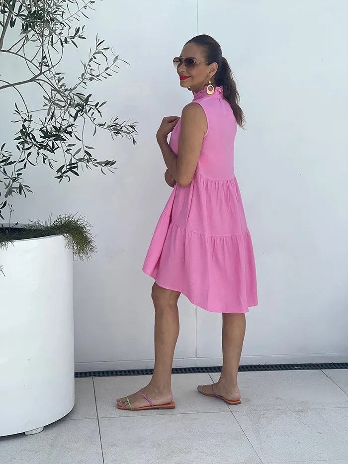 Libby Midi Tiered Relaxed Linen Dress - Pink