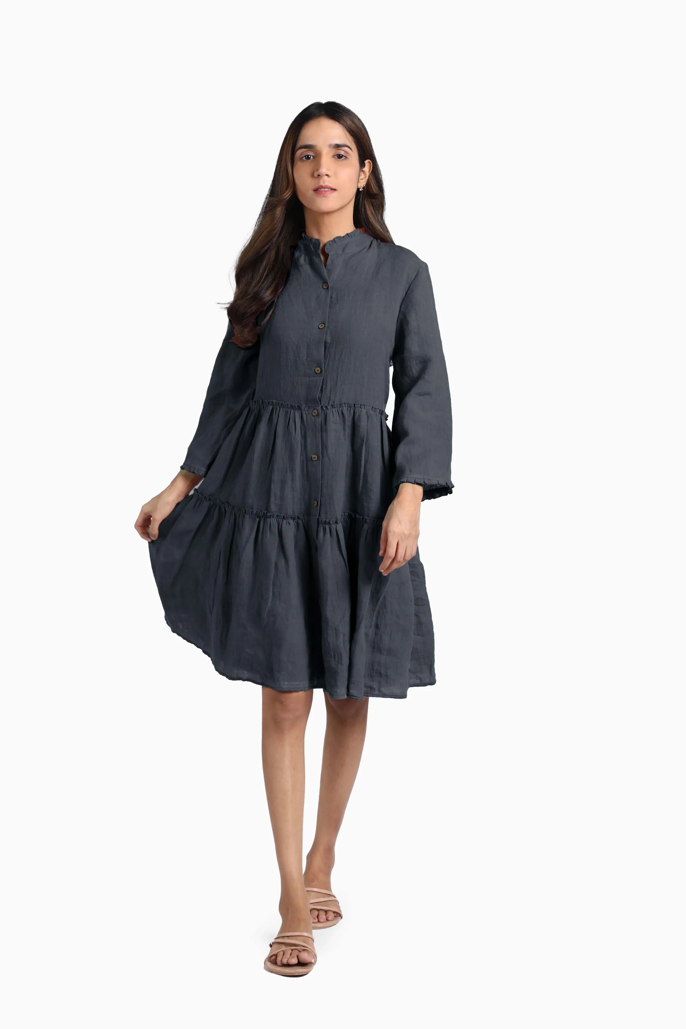 Linen Scarlet Midi Dress-Brown Bean