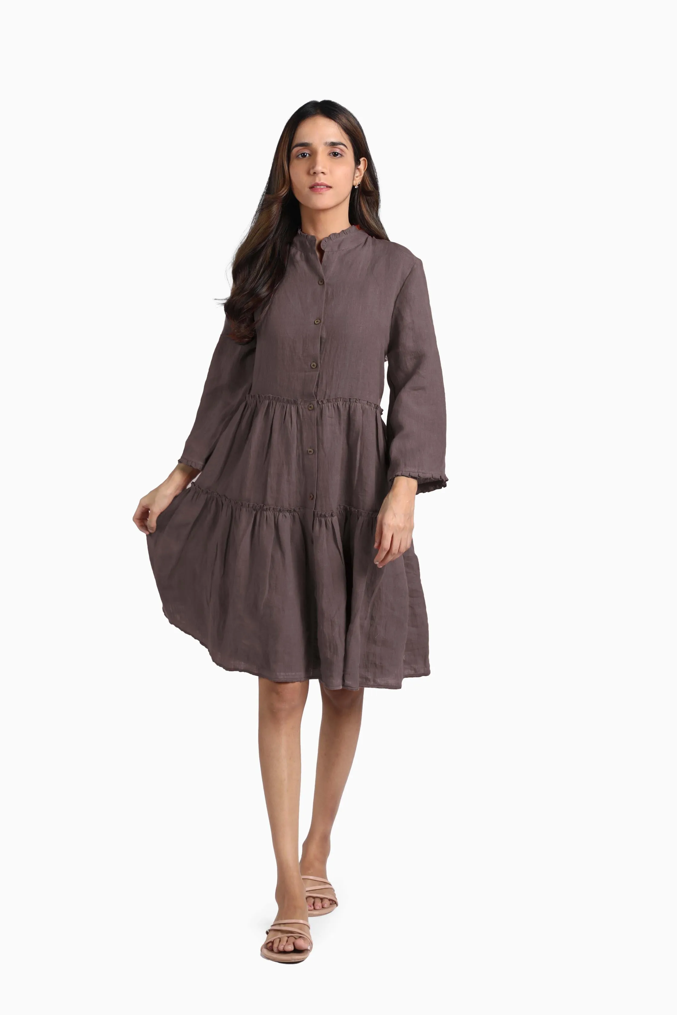 Linen Scarlet Midi Dress-Brown Bean