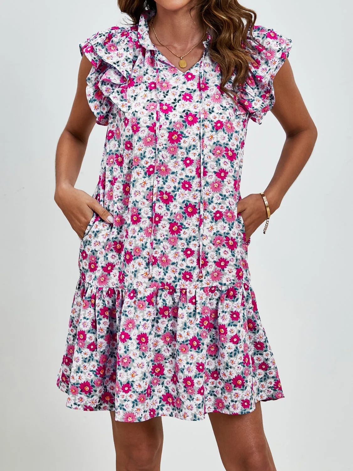London Tied Floral Cap Sleeve Mini Dress