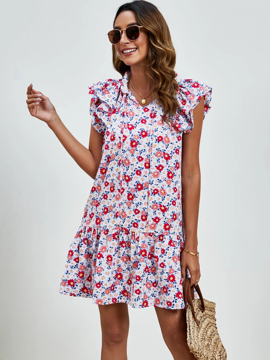 London Tied Floral Cap Sleeve Mini Dress
