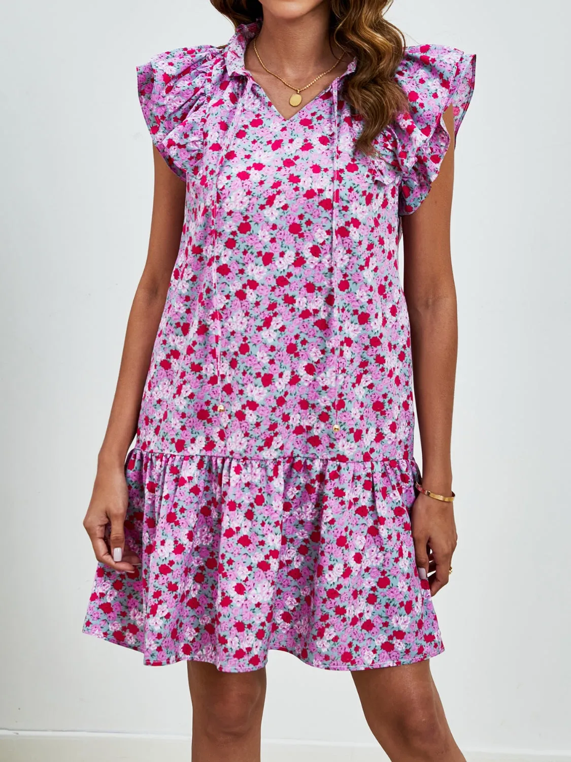 London Tied Floral Cap Sleeve Mini Dress