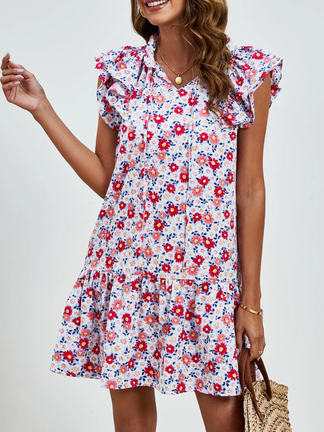 London Tied Floral Cap Sleeve Mini Dress