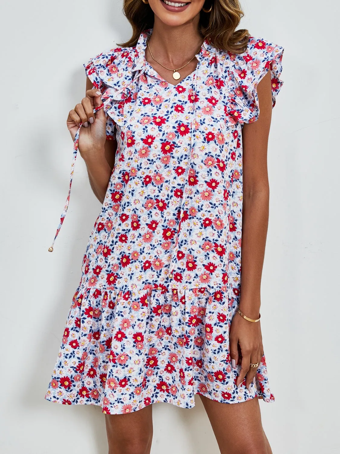 London Tied Floral Cap Sleeve Mini Dress