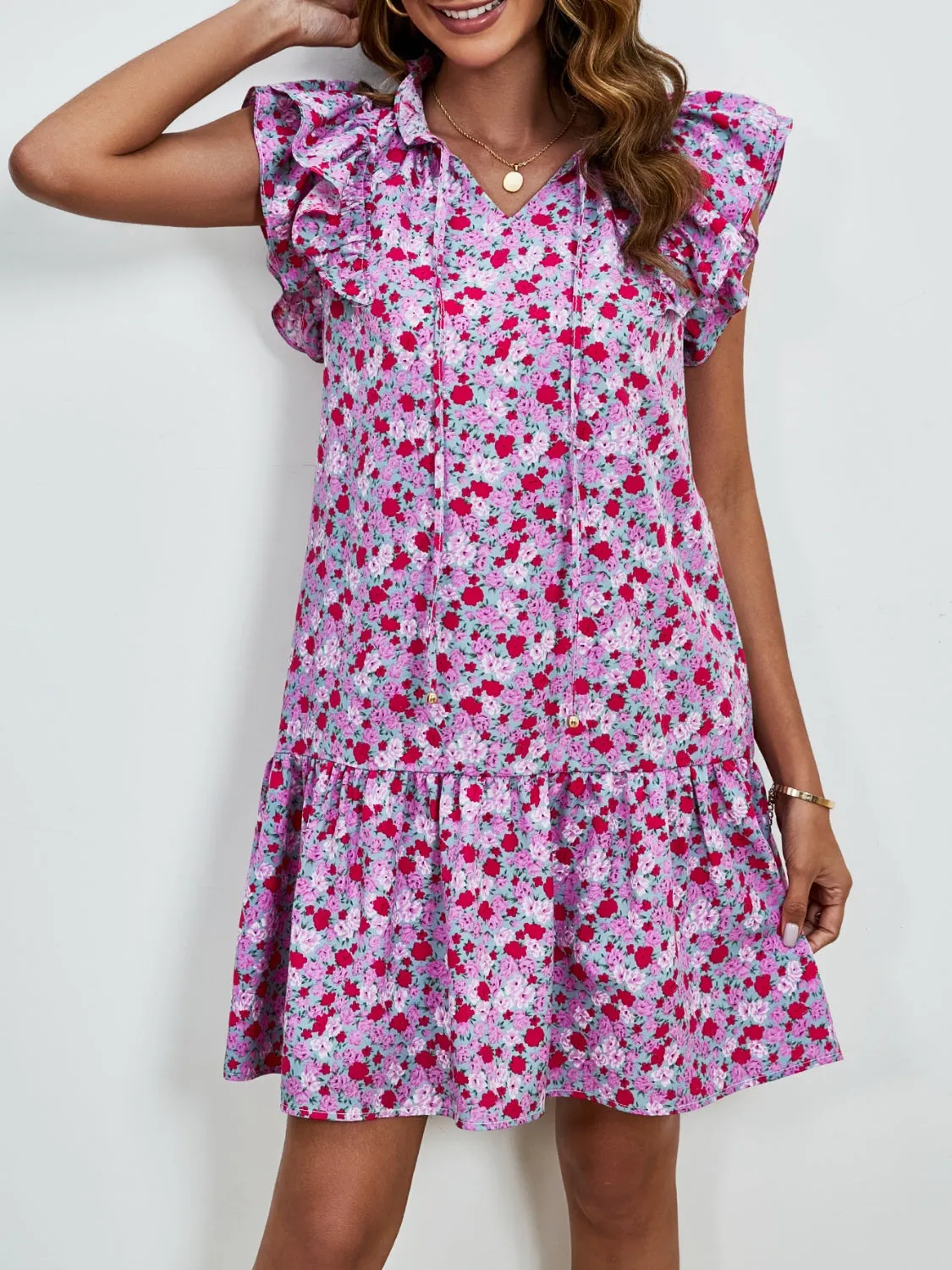 London Tied Floral Cap Sleeve Mini Dress