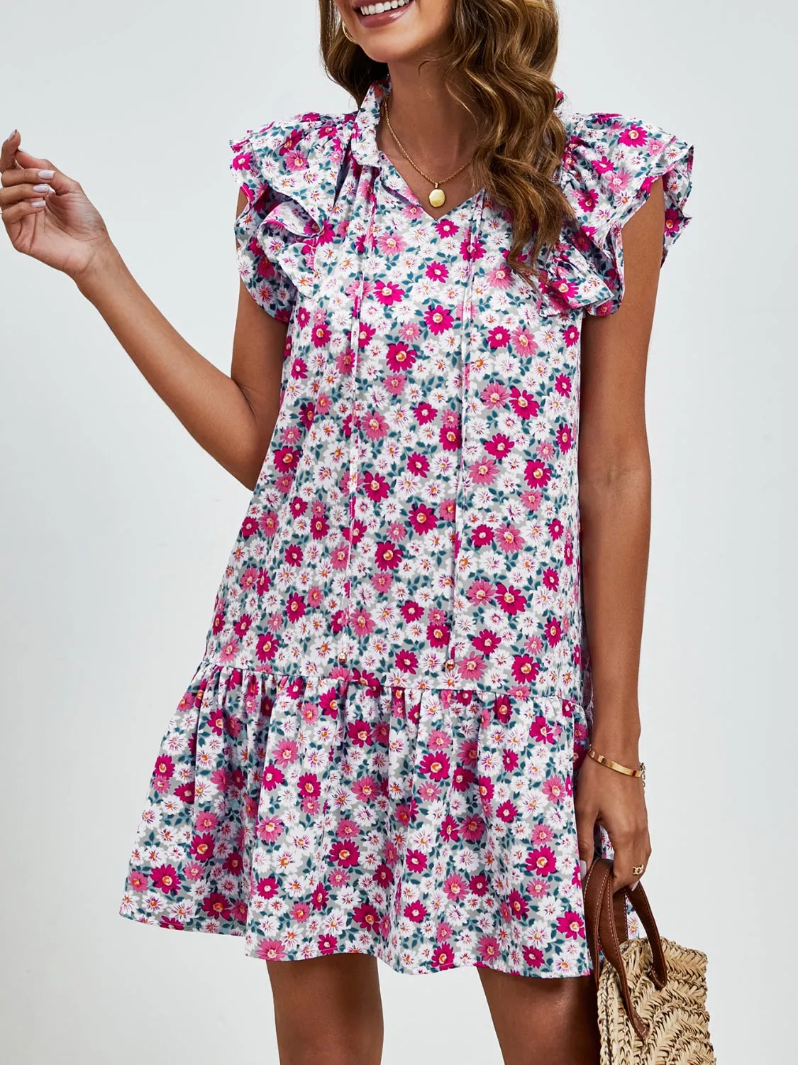 London Tied Floral Cap Sleeve Mini Dress
