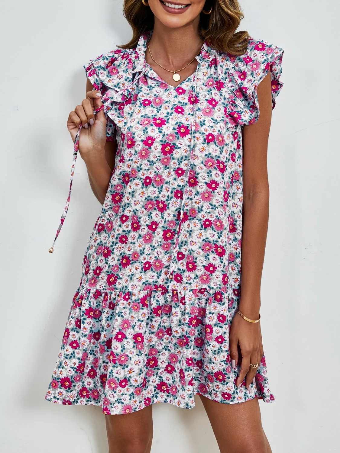 London Tied Floral Cap Sleeve Mini Dress