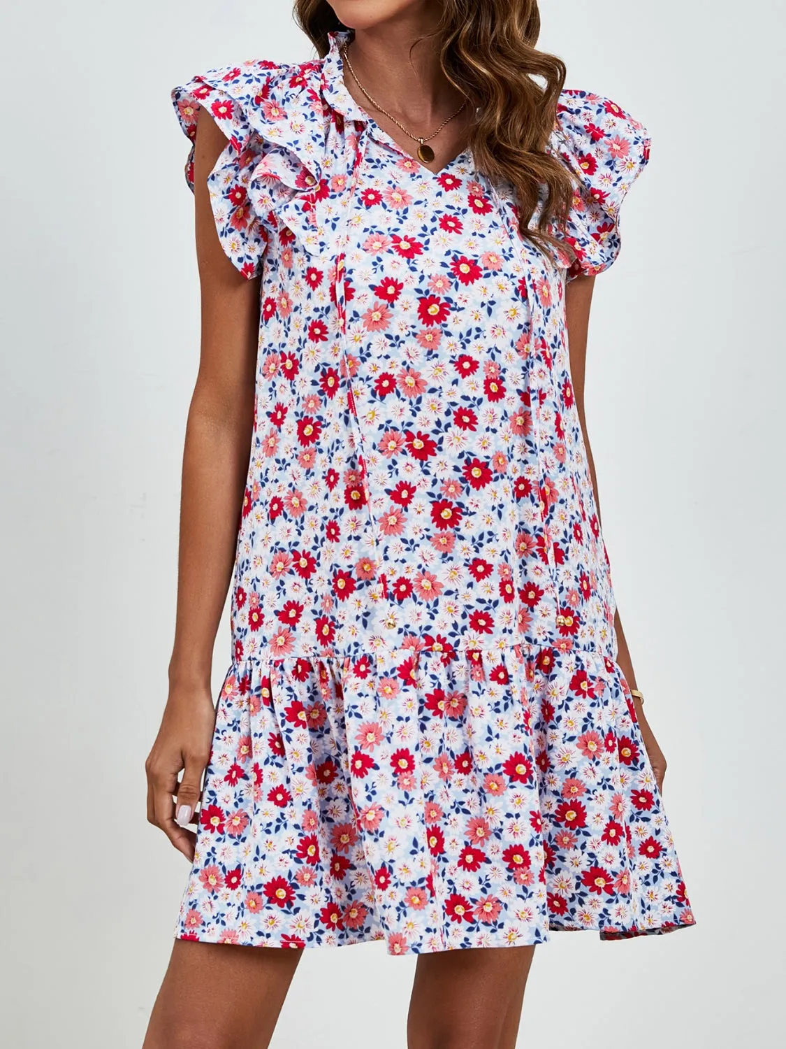London Tied Floral Cap Sleeve Mini Dress