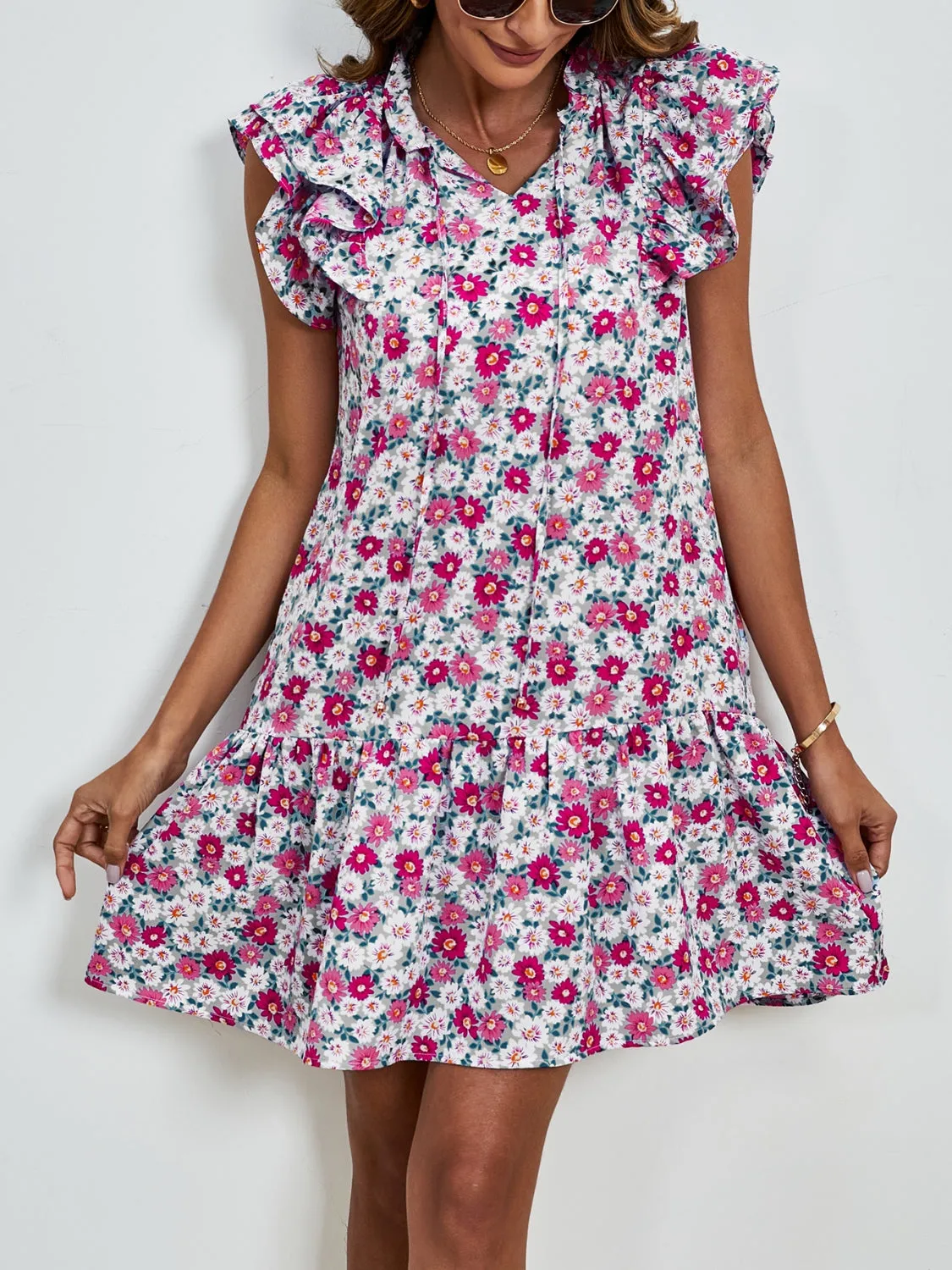 London Tied Floral Cap Sleeve Mini Dress