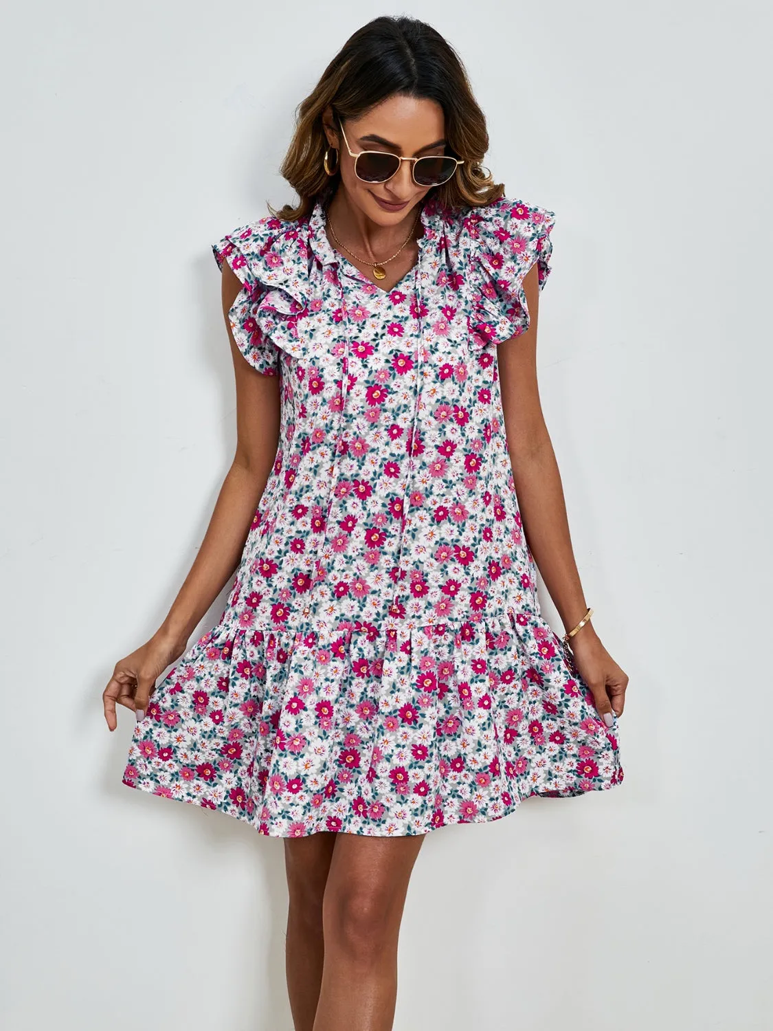 London Tied Floral Cap Sleeve Mini Dress