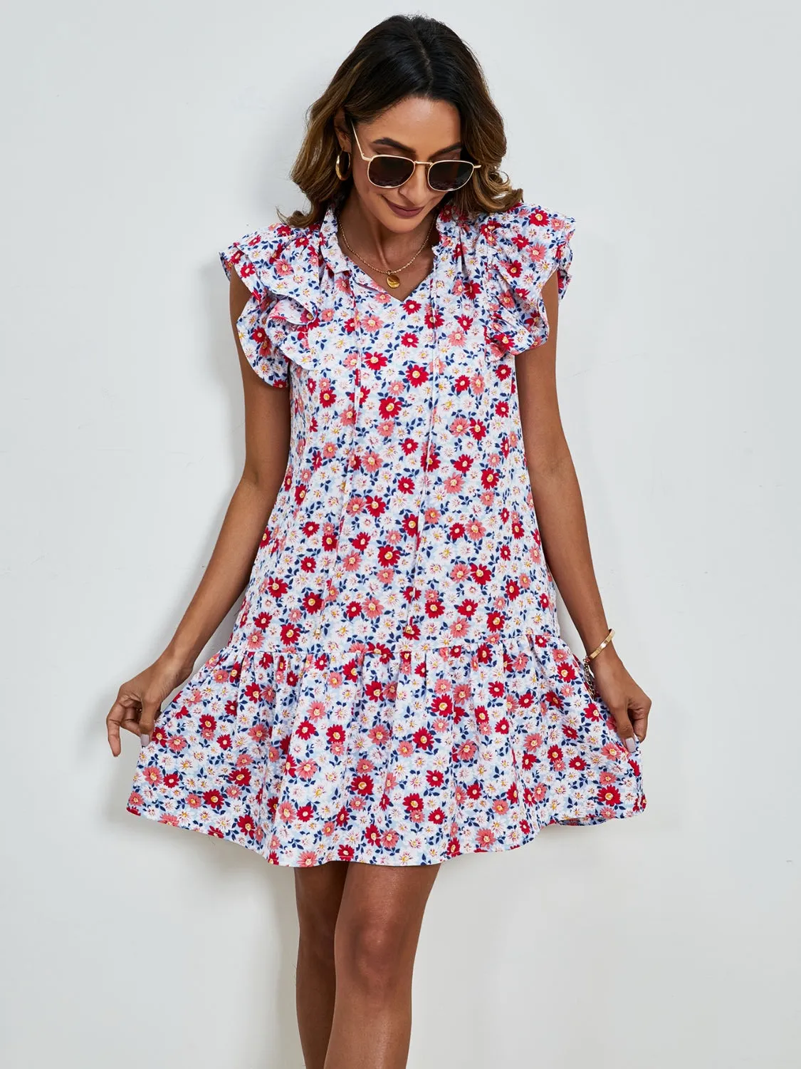 London Tied Floral Cap Sleeve Mini Dress