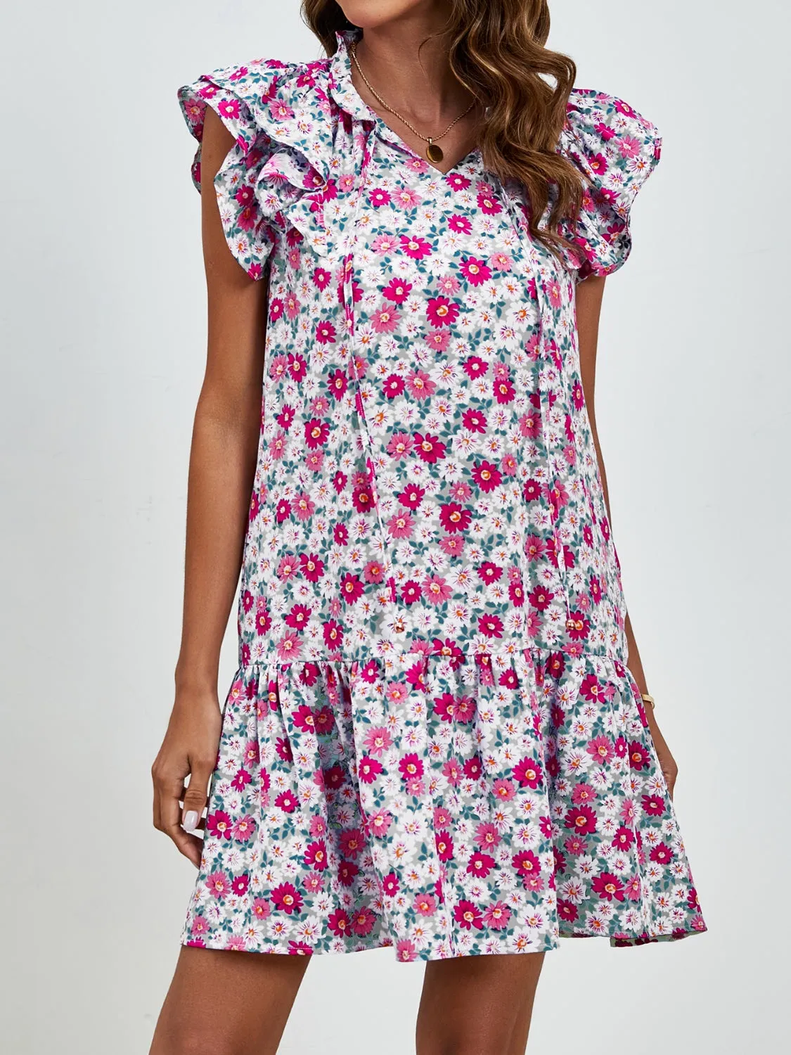 London Tied Floral Cap Sleeve Mini Dress
