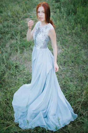 Long Light Blue Chiffon Scoop A-line Floor-length Appliques Prom Dresses OK736