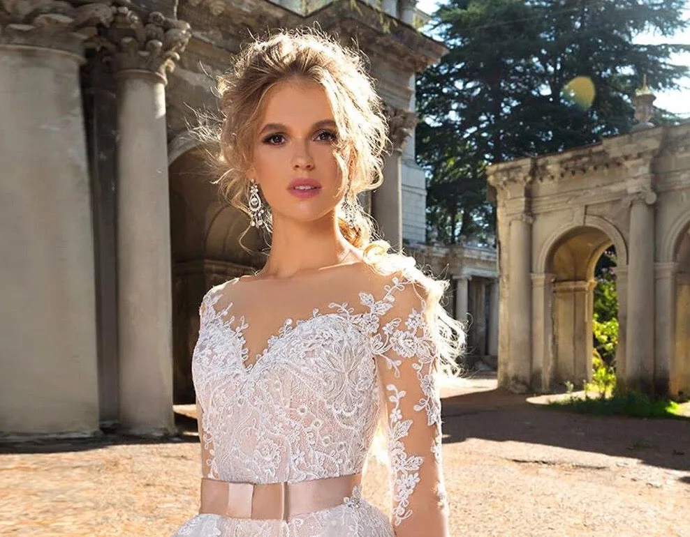 Long Sleeve Bow Appliques Lace Mermaid Wedding Dresses With Detachable Train
