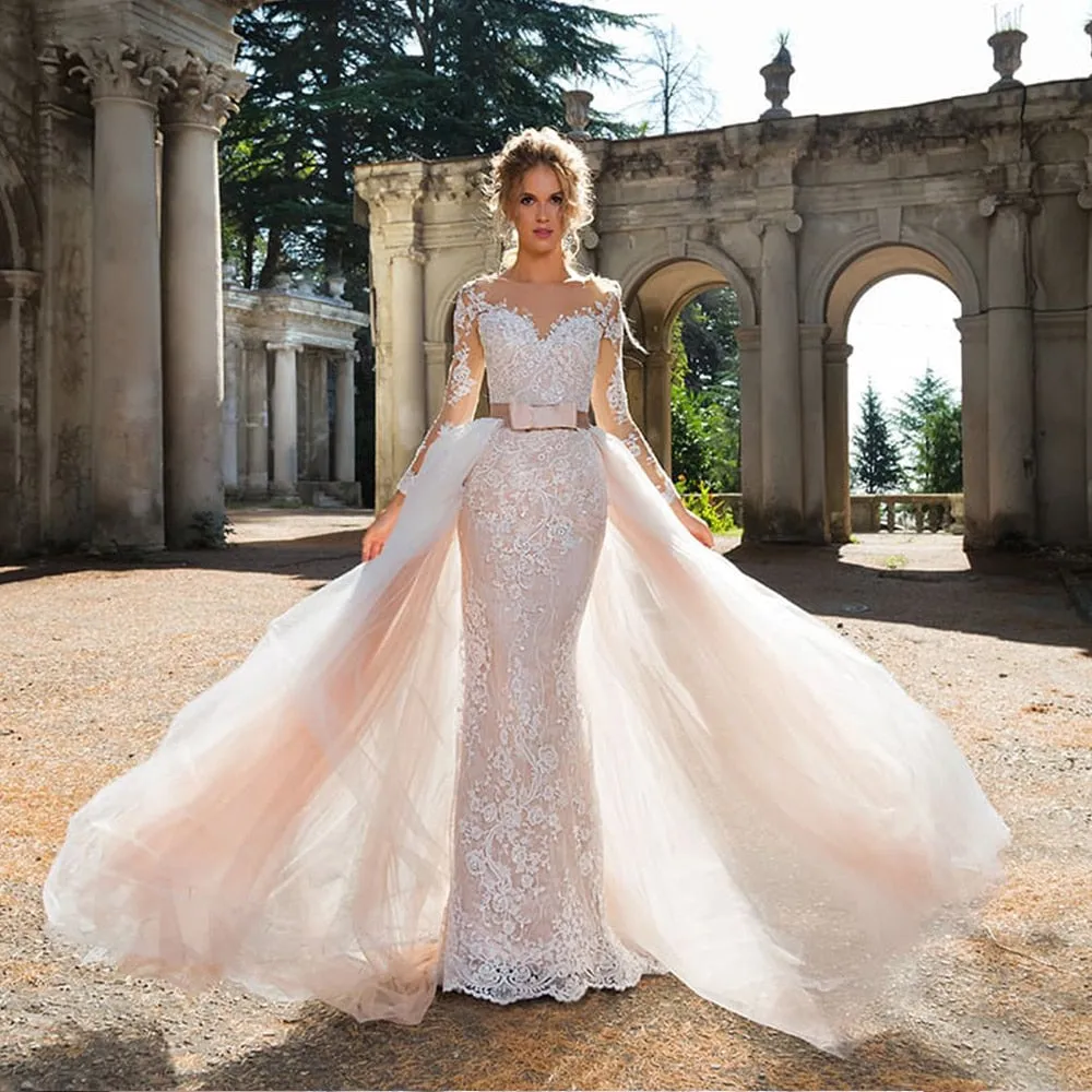 Long Sleeve Bow Appliques Lace Mermaid Wedding Dresses With Detachable Train
