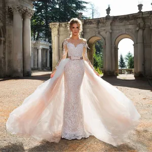 Long Sleeve Bow Appliques Lace Mermaid Wedding Dresses With Detachable Train