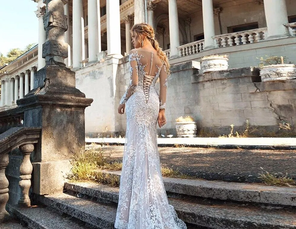 Long Sleeve Bow Appliques Lace Mermaid Wedding Dresses With Detachable Train