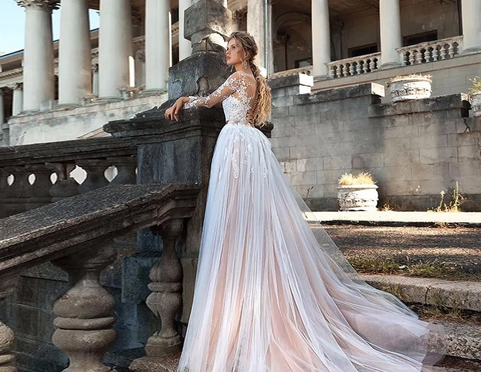Long Sleeve Bow Appliques Lace Mermaid Wedding Dresses With Detachable Train