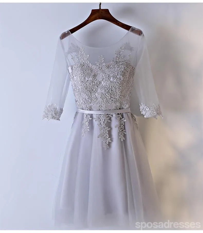 Long Sleeve Lace Gray Homecoming Prom Dresses, Affordable Corset Back Short Party Prom Dresses, Perfect Homecoming Dresses, CM255