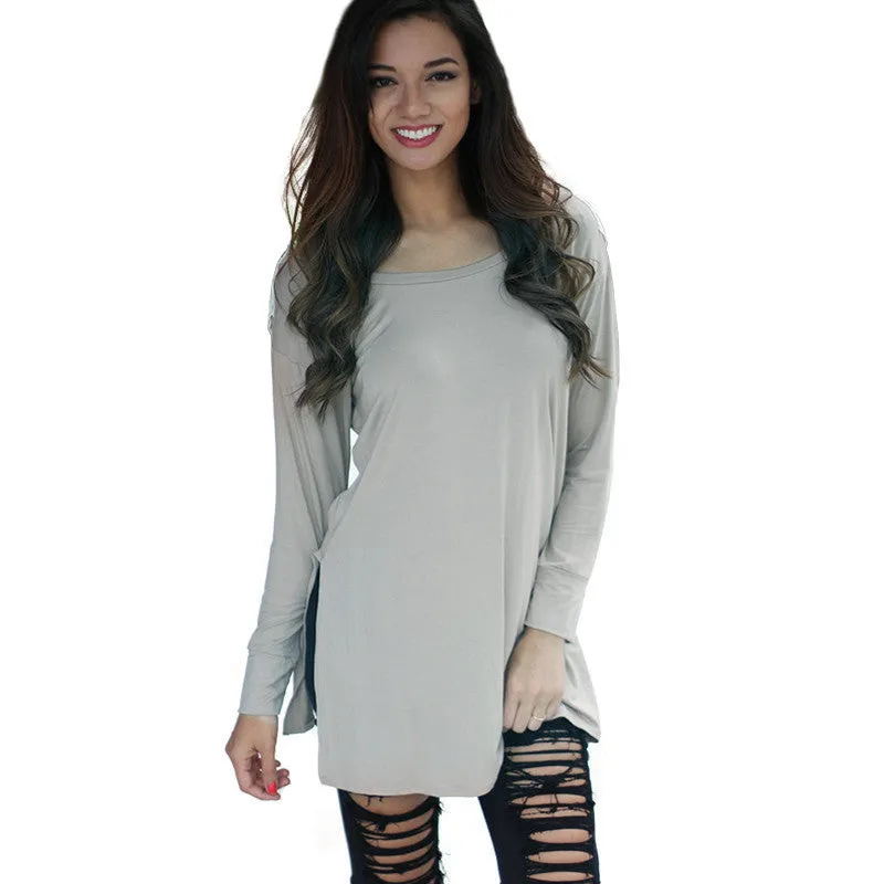 Long Sleeve Women Casual Gray Loose Tshirt Lace Crochet Back Tops Tee Woman