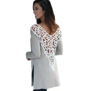Long Sleeve Women Casual Gray Loose Tshirt Lace Crochet Back Tops Tee Woman