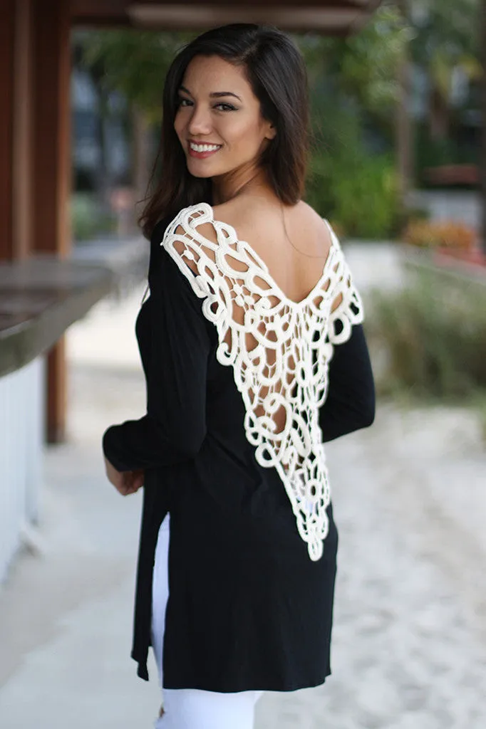 Long Sleeve Women Casual Gray Loose Tshirt Lace Crochet Back Tops Tee Woman