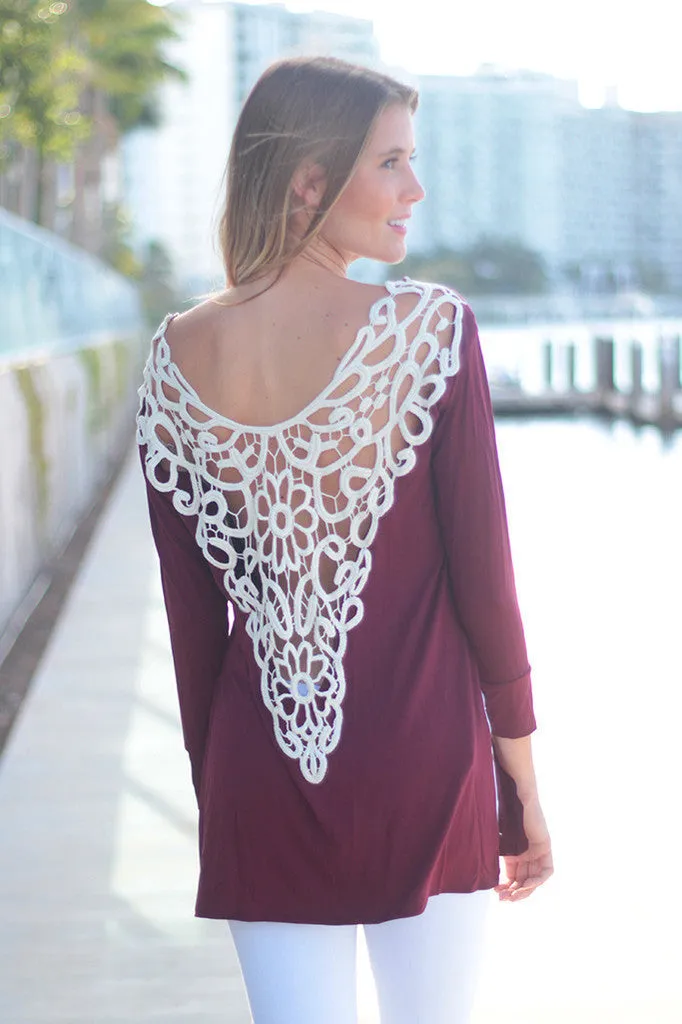 Long Sleeve Women Casual Gray Loose Tshirt Lace Crochet Back Tops Tee Woman