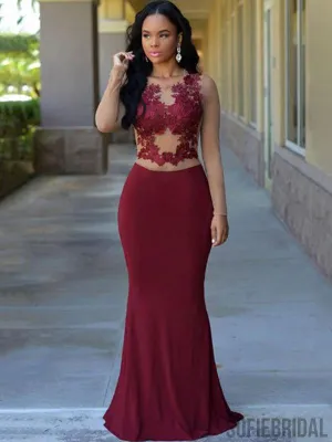 Long Sleeves Dark Red Lace Mermaid Jersey Prom Dresses, PD0982