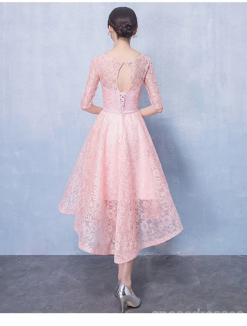 Long Sleeves Pink Lace High Low Cheap Homecoming Dresses Online, CM695
