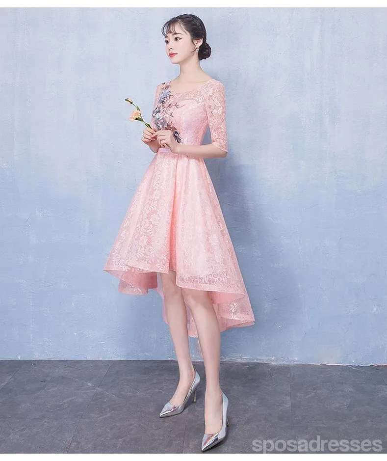 Long Sleeves Pink Lace High Low Cheap Homecoming Dresses Online, CM695