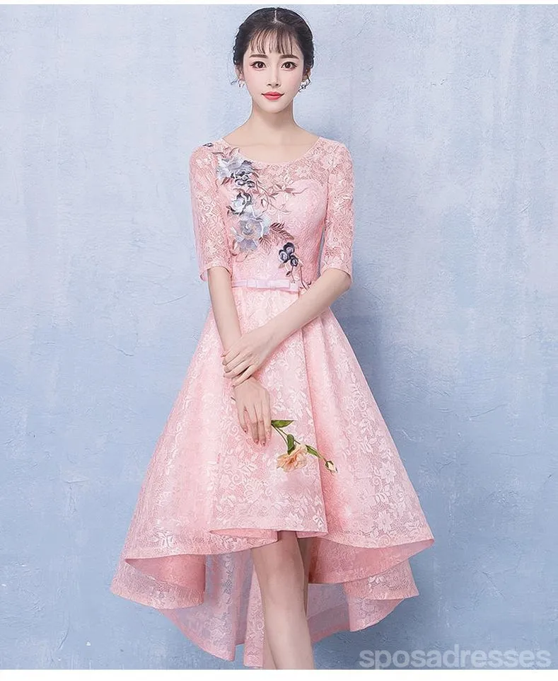 Long Sleeves Pink Lace High Low Cheap Homecoming Dresses Online, CM695